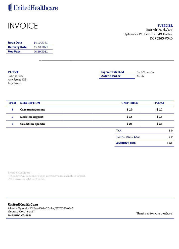 USA UnitedHealthCare invoice PSD template